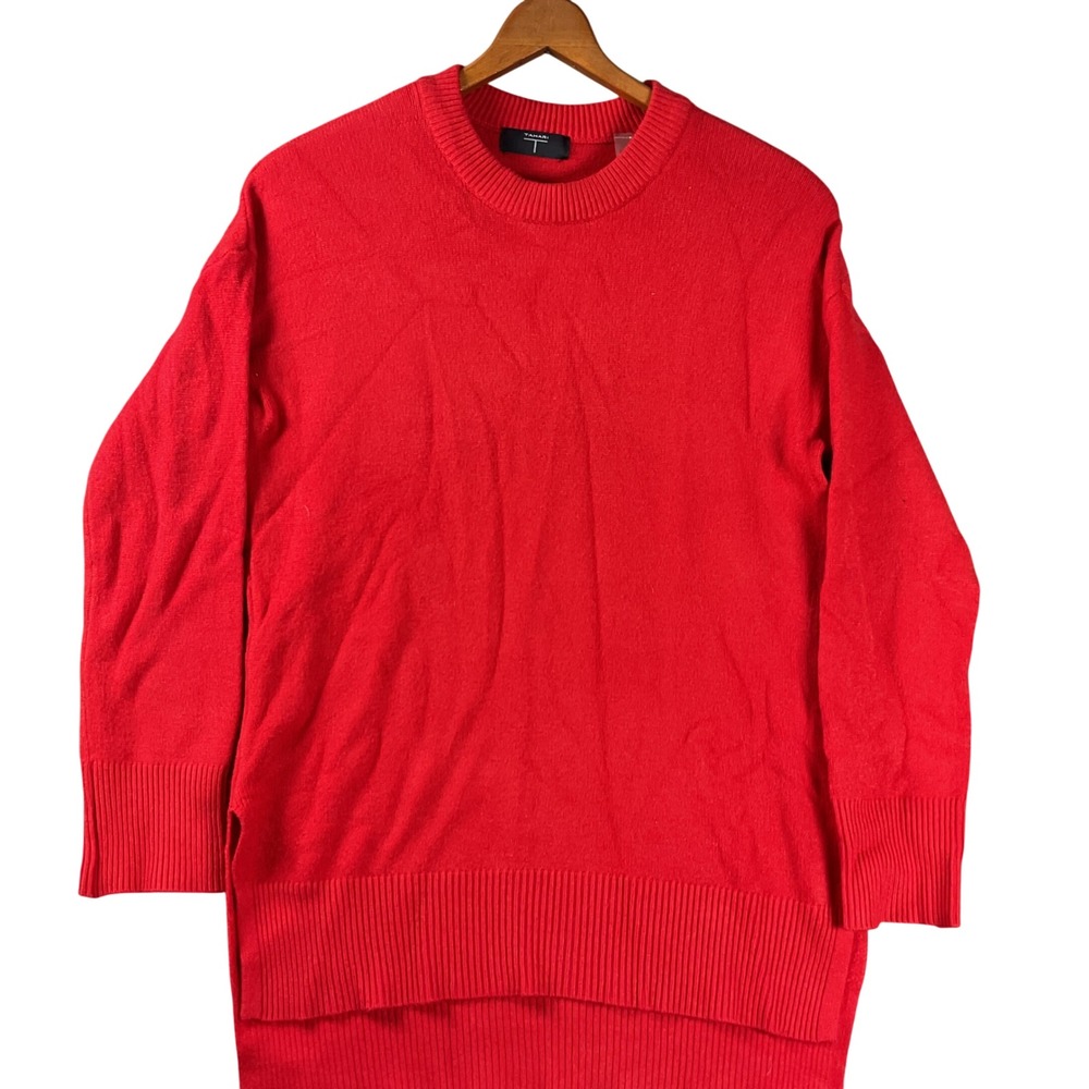 Tahari Knit Sweater Womens XS Red High Low Crew Neck Pullover Side Slit